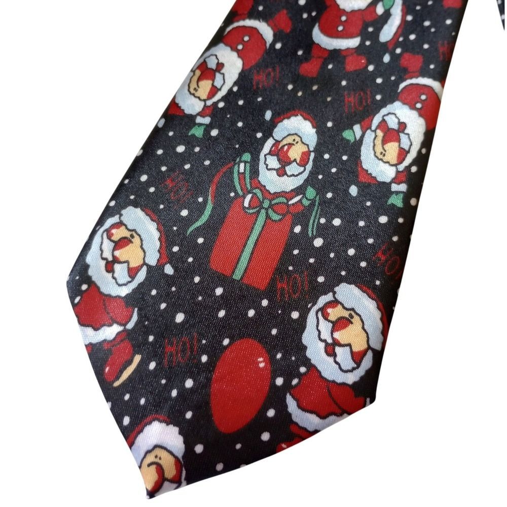 FunTyme Mens Christmas Santa Claus Gift Print Necktie Black Red Holiday Novelty